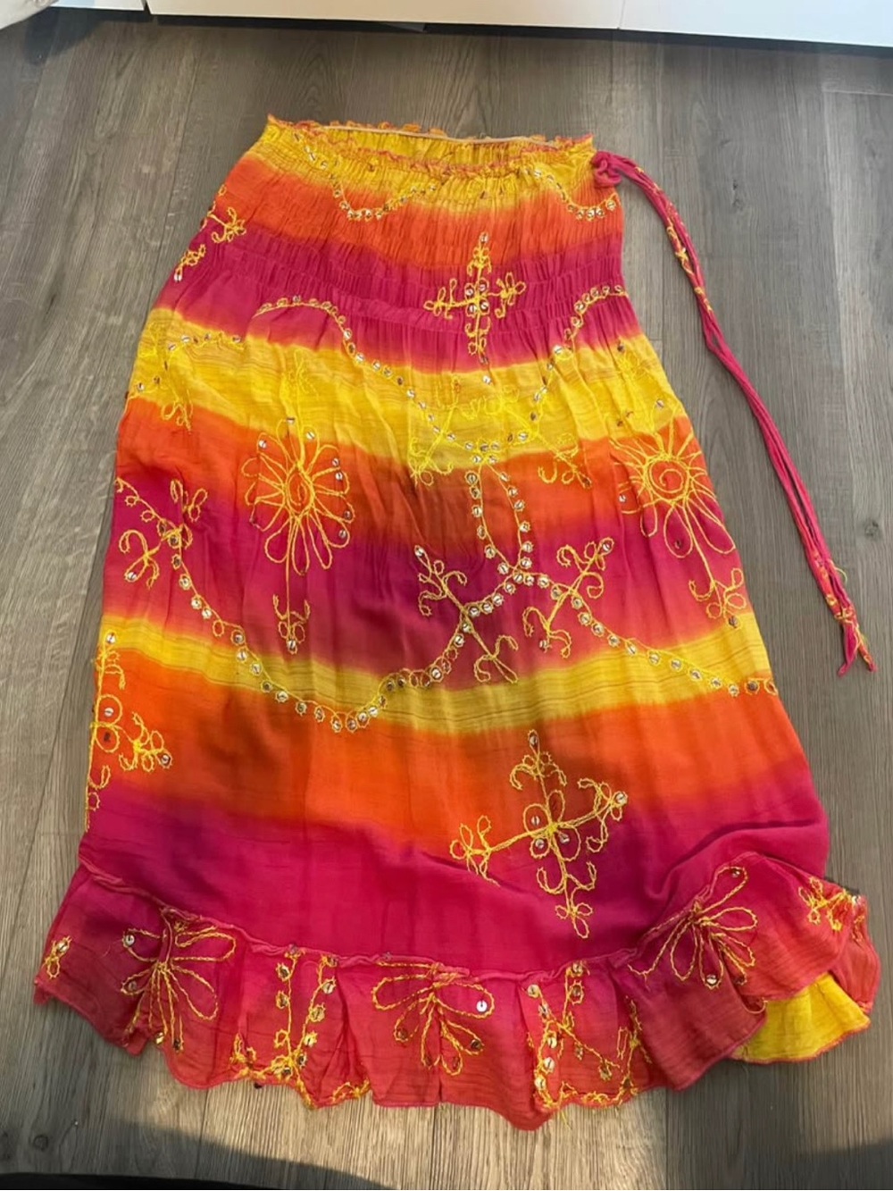 Boho Embroidered Tiered Maxi Skirt in Fuchsia, Orange & Yellow